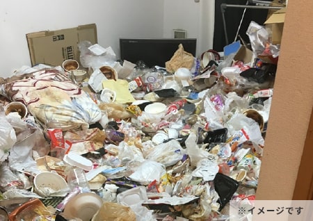 混在した大量のゴミに埋め尽くされた部屋の片付け
